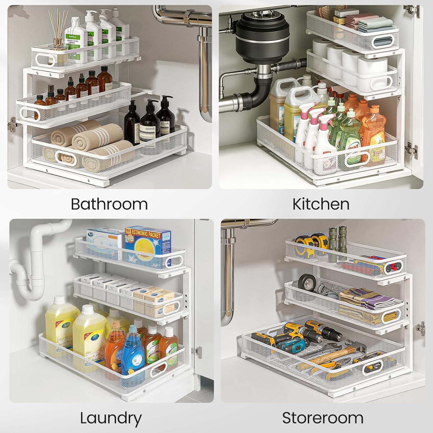 Under Sink Organizer, 3-Tier Pull Out Cabinet Organizer with Drawer Stops, Height Adjustable Slide Out Storage Rack for Kitchen Bathroom Pantry Laundry Room Organization, 2 Pack - Image 7