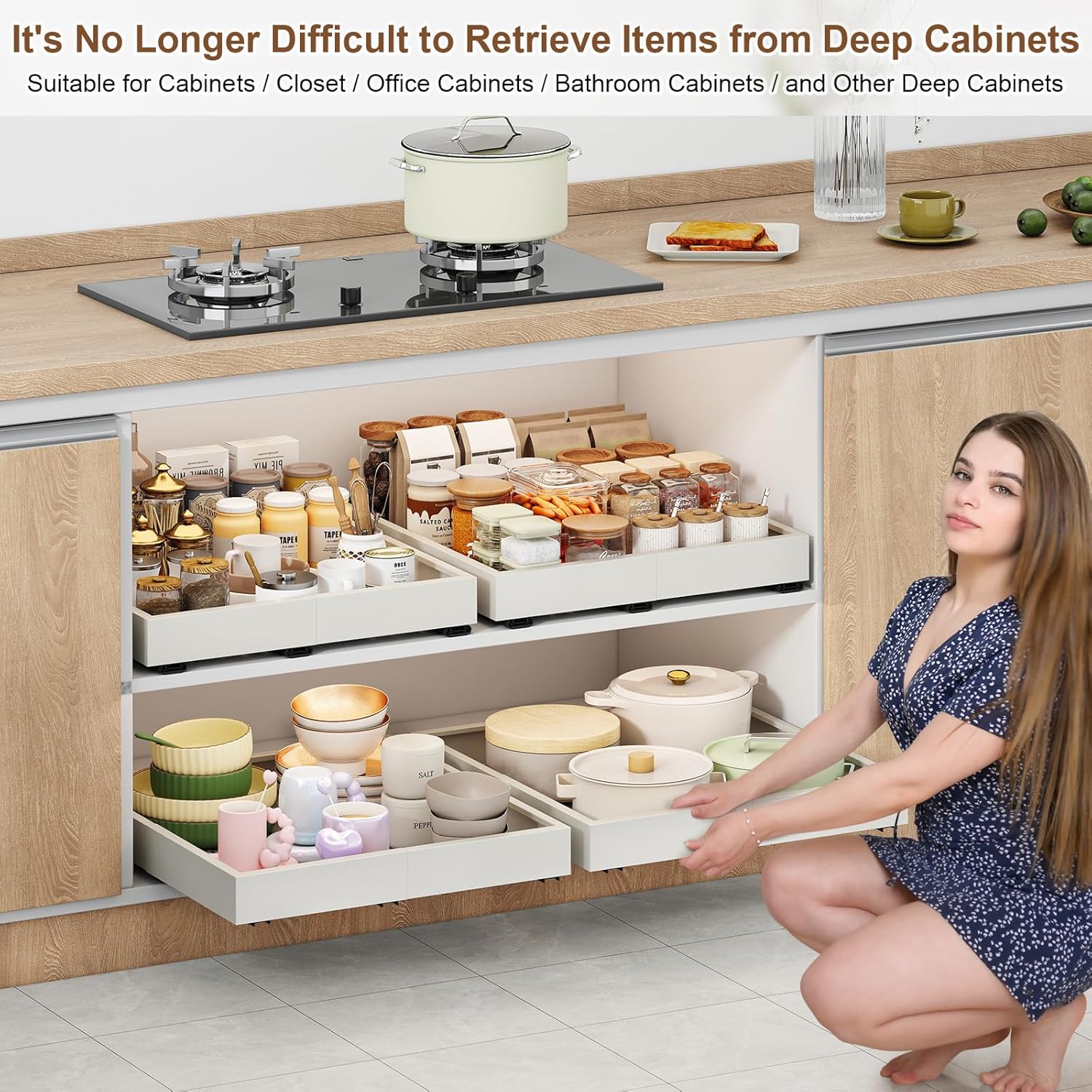 Pull out Cabinet Organizer,Width (14"-21") and Depth (17"-24") Expandable With 3 Rails,No Drill Adjustable Slide out Drawers for Kitchen,Pantry,Adhesive Roll out Shelves,for Cabinets Without Lip,White - Image 5