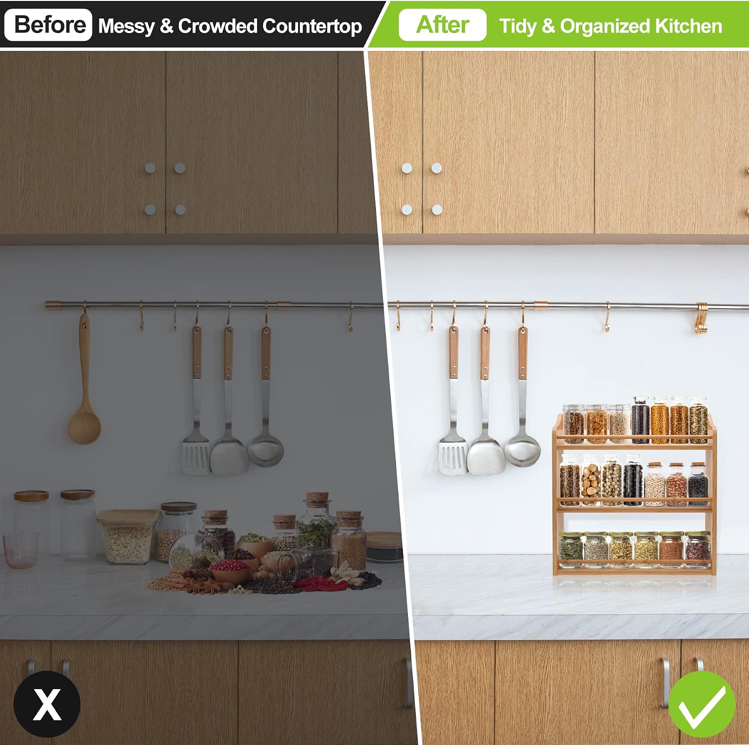 3 Tier Bamboo Spice Rack, Seasoning Jars Rack Shelf Spice Organizer for Kitchen Counter or Wall Mounting - Image 2