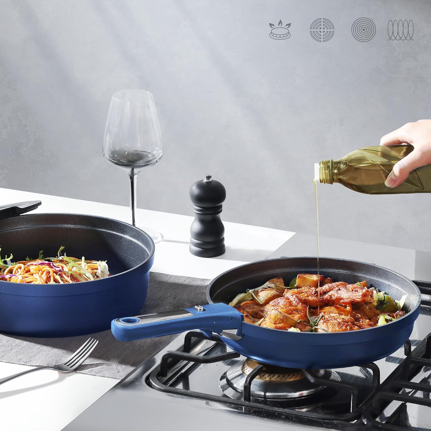 CAROTE 22pcs Pots and Pans Set Non Stick, Nonstick Cookware Set, Dishwasher/Oven/Fridge Safe Pots and Pans, Removable Handle RV Oven Safe Cookware, Induction Kitchen Set, Blue - Image 3