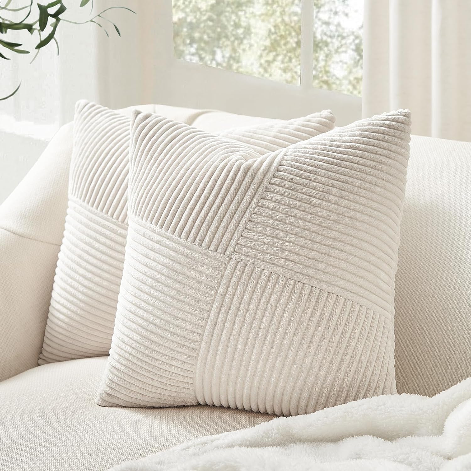 Topfinel Cream White Decorative Neutral Throw Pillow Covers 18x18 Inch for Couch Sofa Bed, Soft Corduroy Striped Patchwork Windmill Textured Square Cushion Covers Set of 2 Spring Boho Home Decor - Image 7
