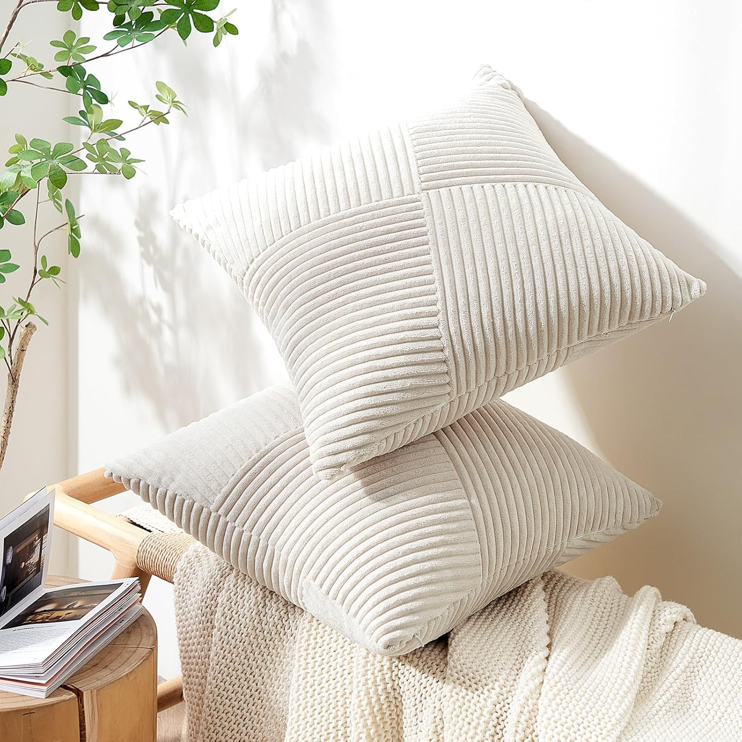 Topfinel Cream White Decorative Neutral Throw Pillow Covers 18x18 Inch for Couch Sofa Bed, Soft Corduroy Striped Patchwork Windmill Textured Square Cushion Covers Set of 2 Spring Boho Home Decor - Image 5