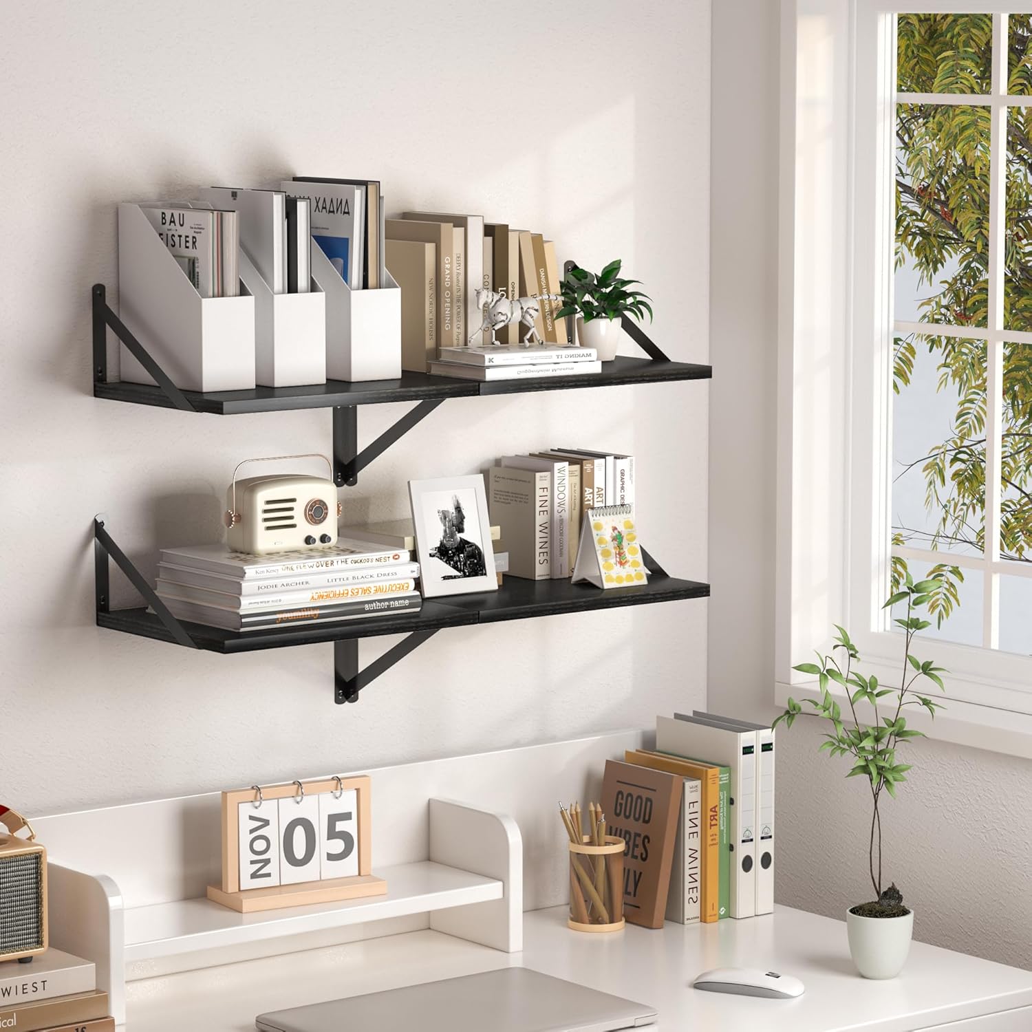 Heimlove Black Deep Floating Shelves for Wall, 16W x 12D Wood Wall Shelves Set of 2, Wide Floating Bookshelf for Living Room, Kitchen, Office, Bedroom and Decor Storage, with Metal Bracket - Black - Image 5