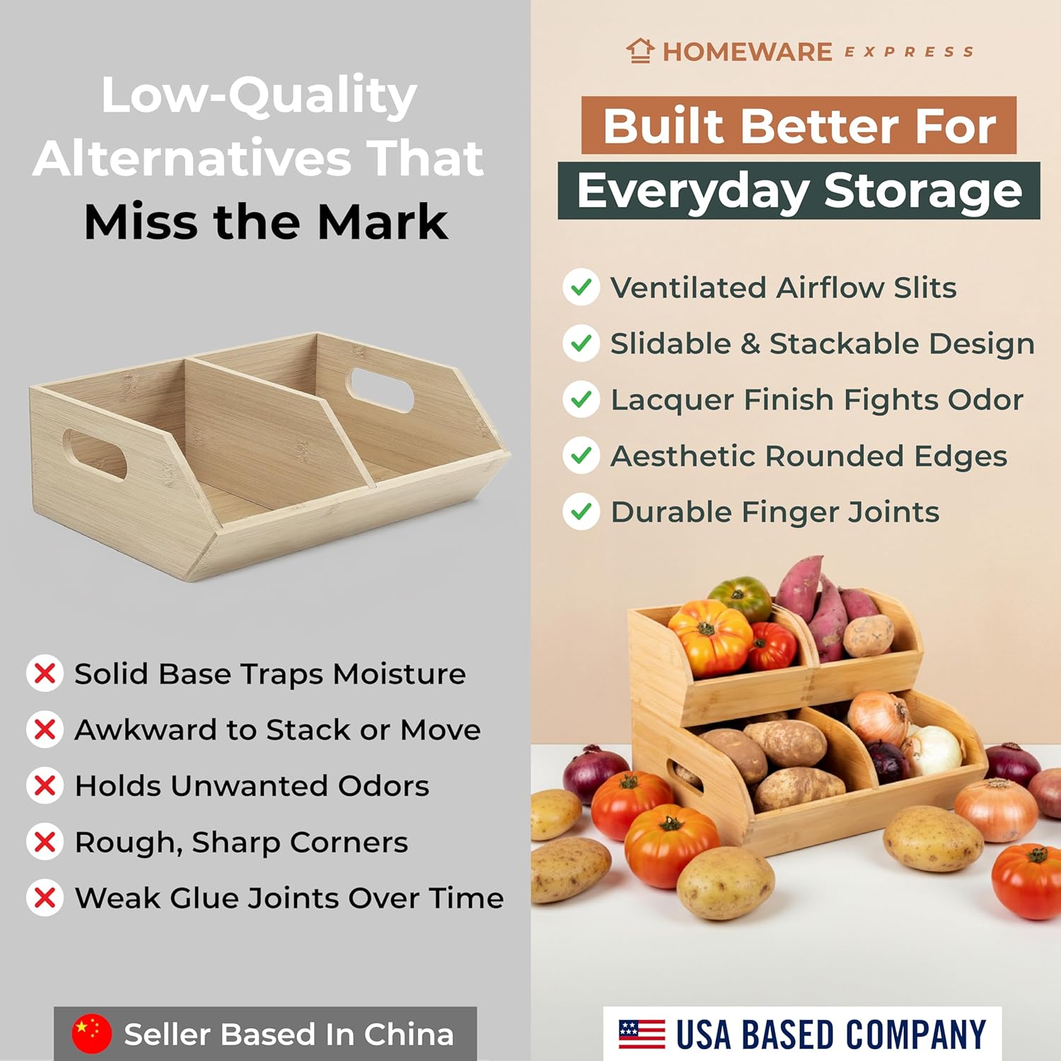 Potato and Onion Storage Bin for Pantry and Kitchen Counter - Ventilated Stackable Bamboo Organizer Baskets with Handles - Multipurpose Organization Containers for Fruit, Vegetable, Pantry - 3 Pack - Image 6