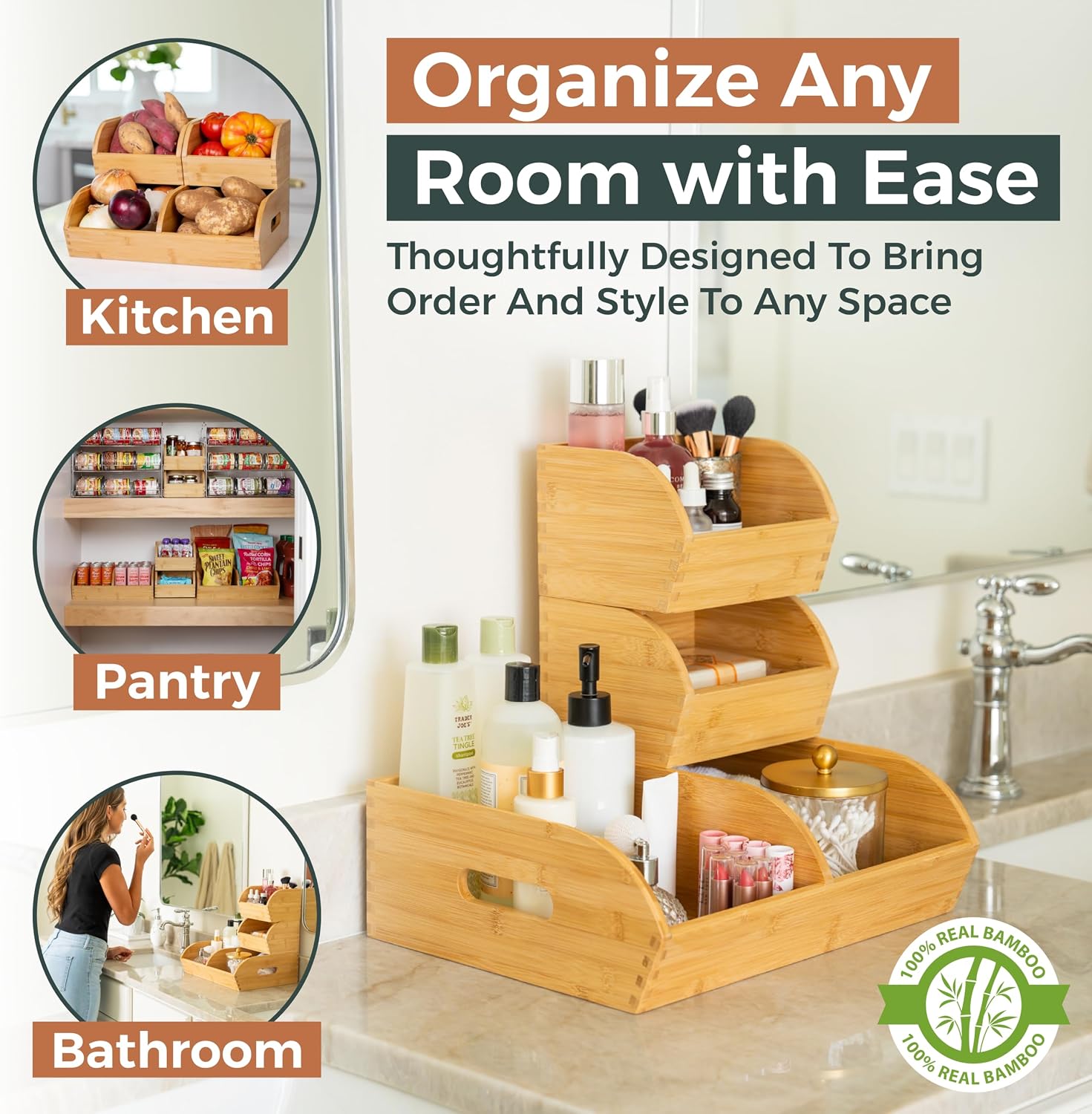 Potato and Onion Storage Bin for Pantry and Kitchen Counter - Ventilated Stackable Bamboo Organizer Baskets with Handles - Multipurpose Organization Containers for Fruit, Vegetable, Pantry - 3 Pack - Image 4