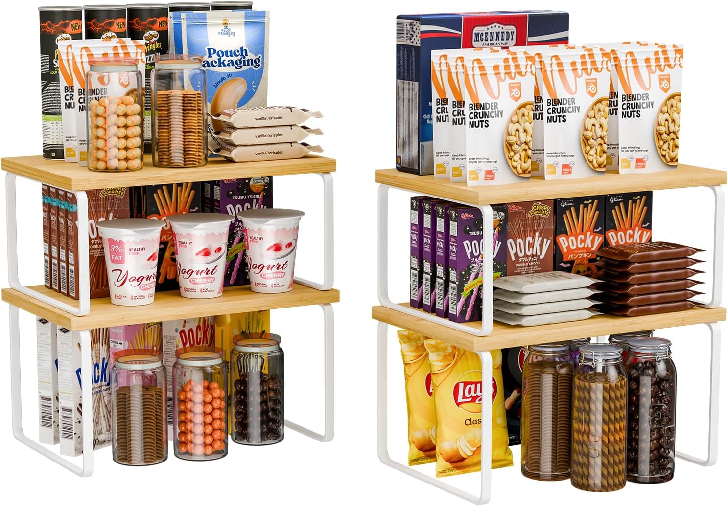 Ekisemio Kitchen Cabinet Organizer, Bamboo Spice Rack Organizer for Cabinet, Stackable & Expandable Counter Shelves, Set of 4, White and Natural