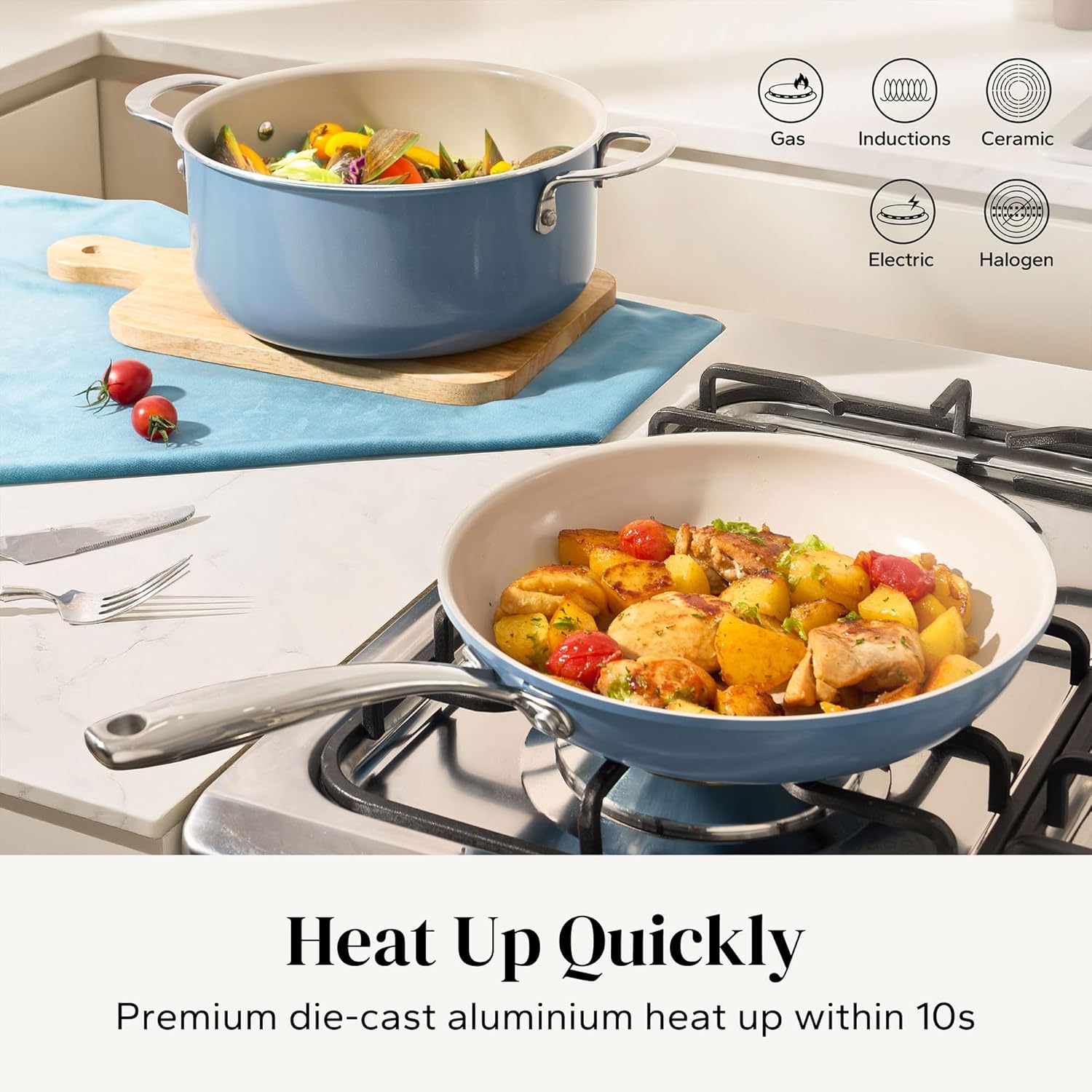 Redchef Ceramic Nonstick Cookware Set,14pcs Pots and Pans Set Non Stick,Induction Cookware with Stainless Steel Handle,Non Toxic Kitchen Cooking Set,Dishwasher & Oven Safe,PFAS PFOA & PTFE Free(Blue) - Image 5