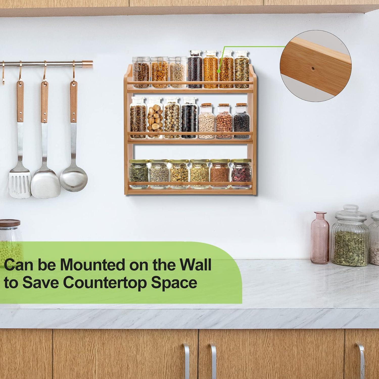 3 Tier Bamboo Spice Rack, Seasoning Jars Rack Shelf Spice Organizer for Kitchen Counter or Wall Mounting - Image 4