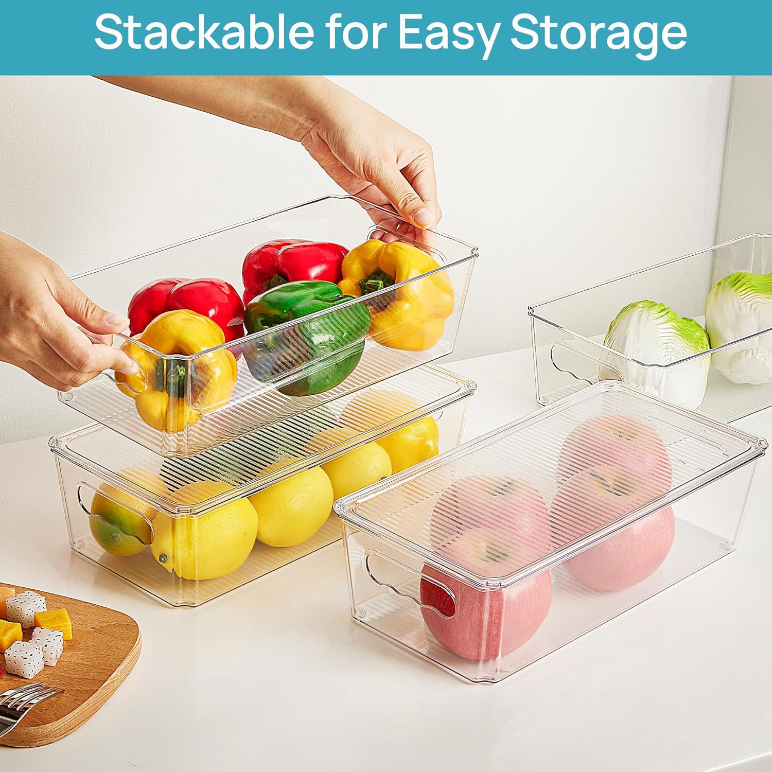 Vtopmart 8pcs Clear Organizers and Storage Bins with Lids, Stackable Plastic Storage Containers with Handles for Fridge, Freezer, Pantry, Cabinet, Kitchen Organization - Image 4