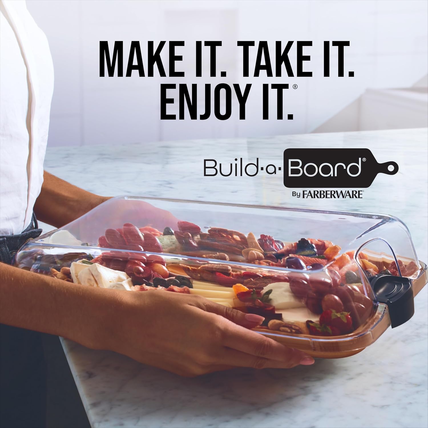 Farberware Build-A-Board Bamboo Cutting Board with Built-In Compartments & Clear Locking Lid, Black Handles, Charcuterie, Snack Tray, Food Prep and Serving Platter - Image 4