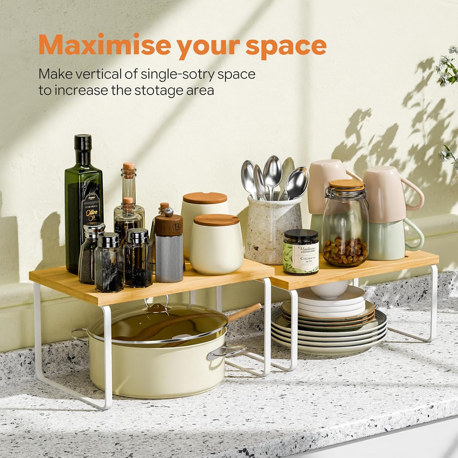 Ekisemio Kitchen Cabinet Organizer, Bamboo Spice Rack Organizer for Cabinet, Stackable & Expandable Counter Shelves, Set of 4, White and Natural - Image 5
