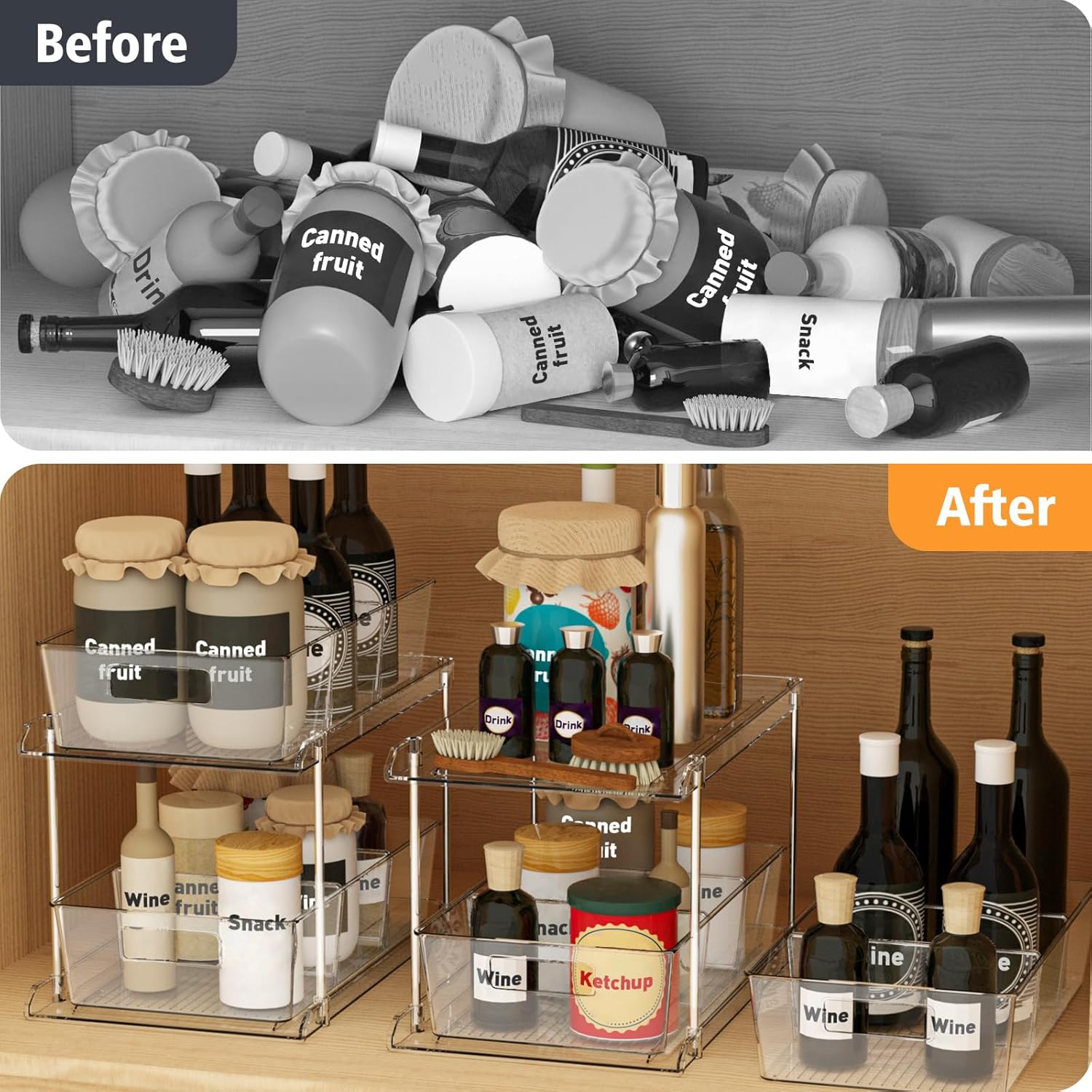 Fabspace Pull-out Home Organizer, 2 Pack 2 Tier Clear Bathroom Organizer with Dividers, Multipurpose Vanity Counter Tray, Kitchen, Closet Organizers, Cabinet & Storage Container Bins - Image 6