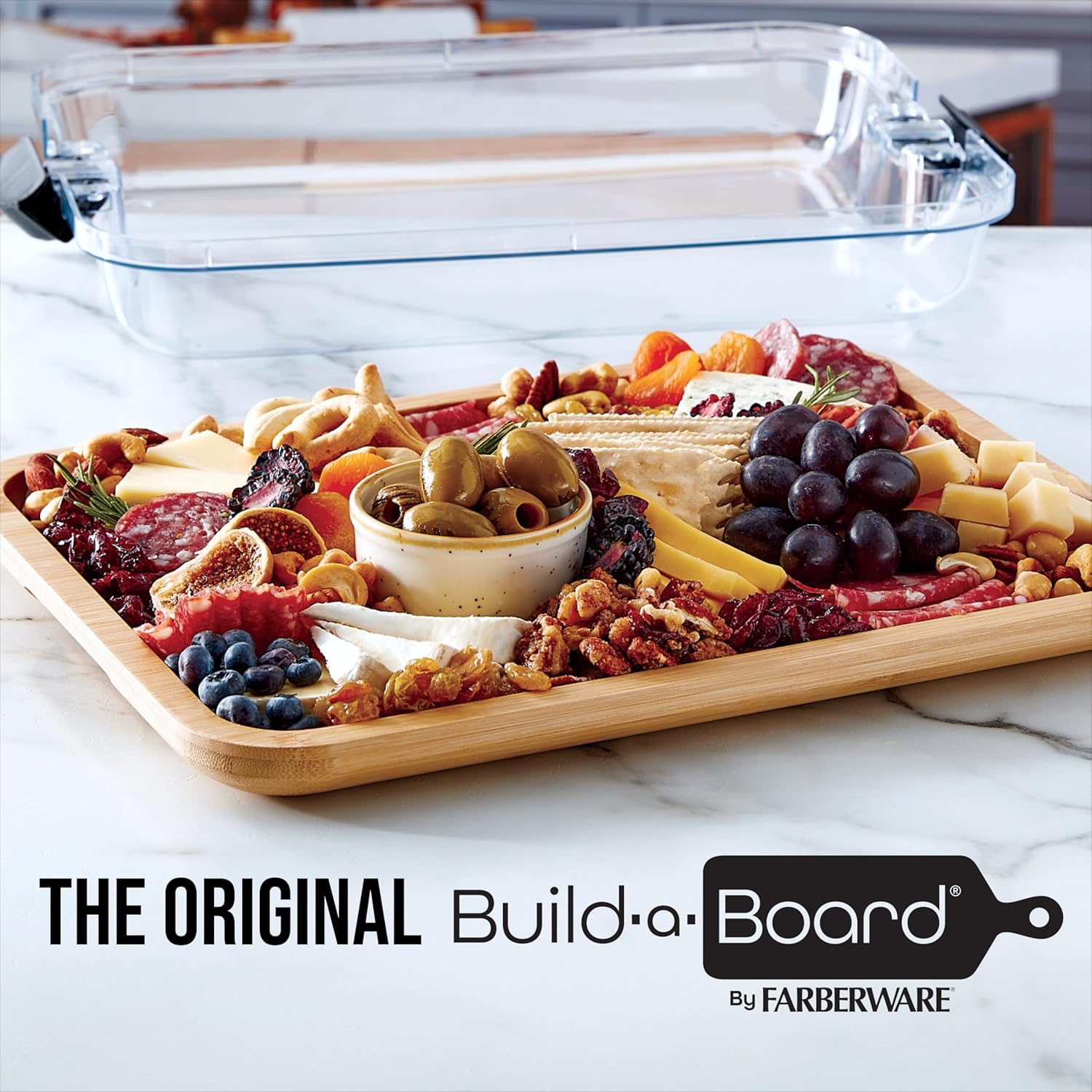 Farberware Build-A-Board Bamboo Cutting Board with Built-In Compartments & Clear Locking Lid, Black Handles, Charcuterie, Snack Tray, Food Prep and Serving Platter - Image 3