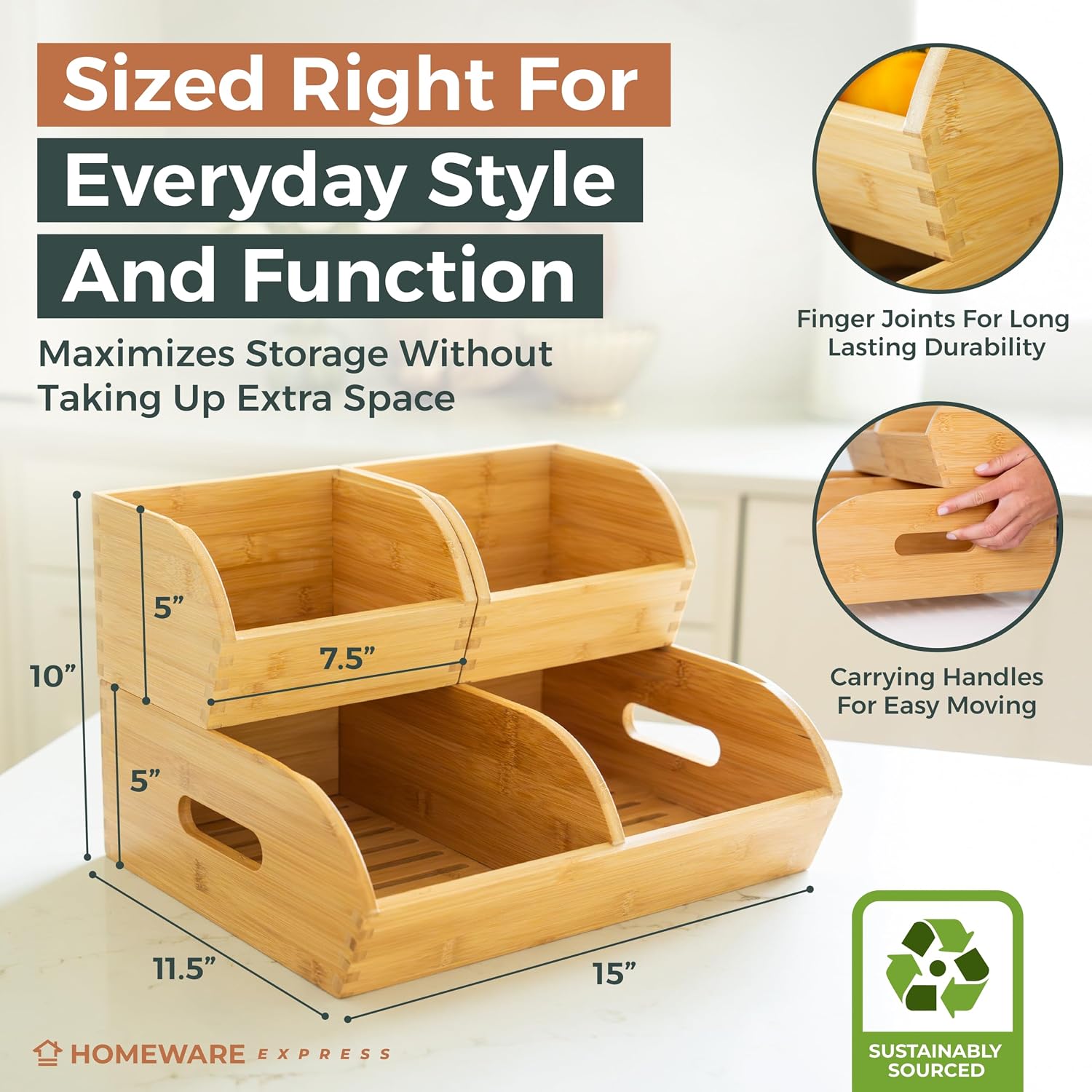 Potato and Onion Storage Bin for Pantry and Kitchen Counter - Ventilated Stackable Bamboo Organizer Baskets with Handles - Multipurpose Organization Containers for Fruit, Vegetable, Pantry - 3 Pack - Image 5
