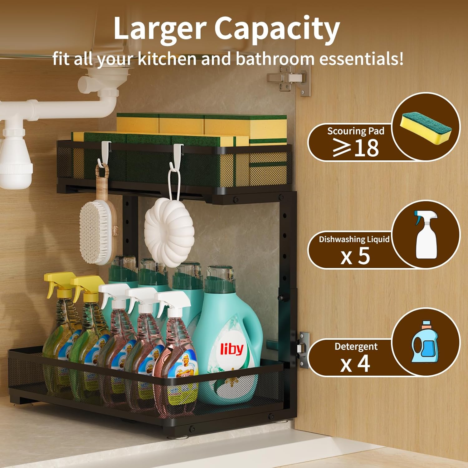 Under Sink Organizer 2 Pack, 2-Tier Slide Out Cabinet Organizer with Metal Sliding Drawer and Hooks, Pull Out Storage Baskets for Kitchen Bathroom Pantry Cabinet Organization (black) - Image 6