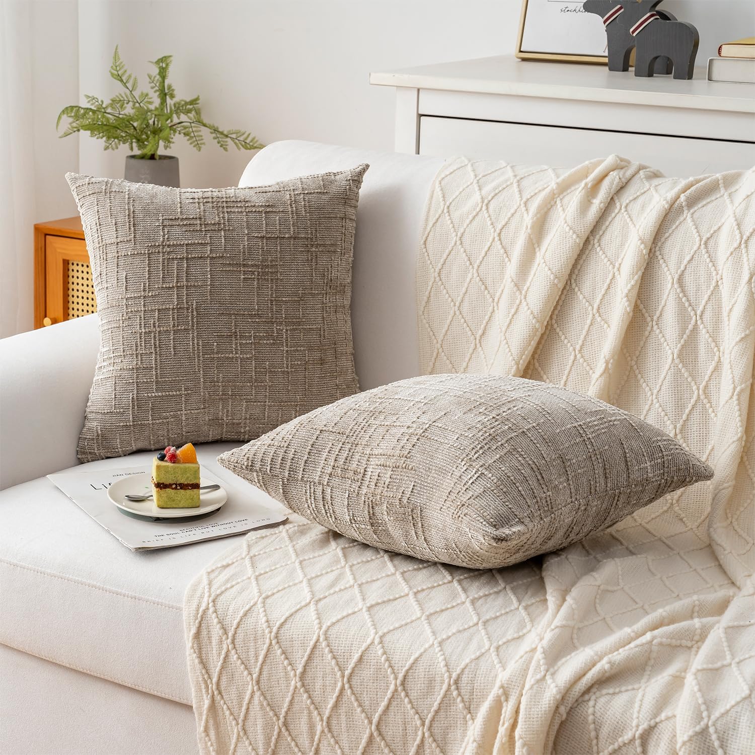 Decorative Throw Pillow Covers 18x18 Inch Set of 2, Soft Solid Farmhouse Chenille Couch Pillows, Spring Pillow Covers for Couch Sofa Bed Living Room Home Decor Pillowcase, Light Khaki - Image 6