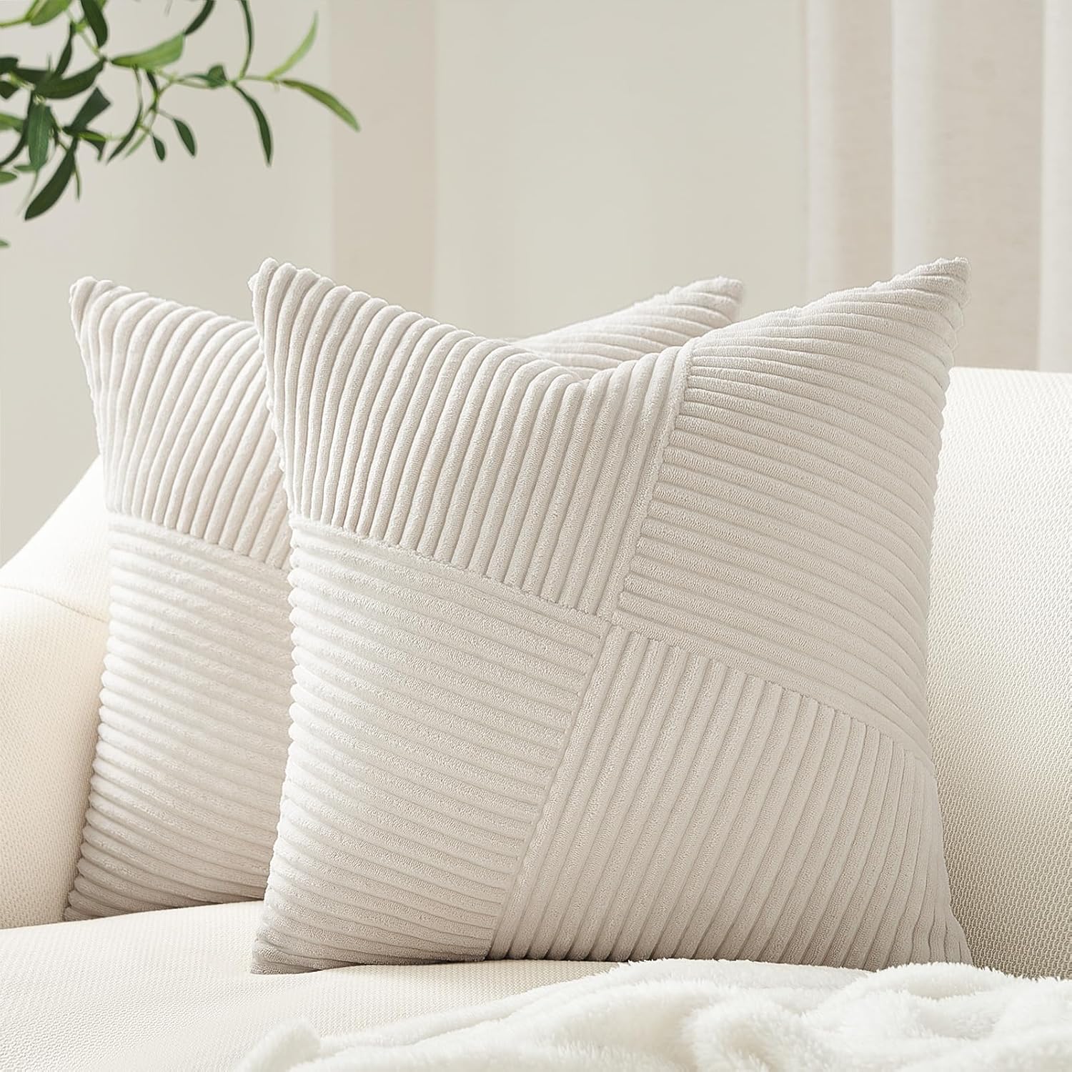 Topfinel Cream White Decorative Neutral Throw Pillow Covers 18x18 Inch for Couch Sofa Bed, Soft Corduroy Striped Patchwork Windmill Textured Square Cushion Covers Set of 2 Spring Boho Home Decor