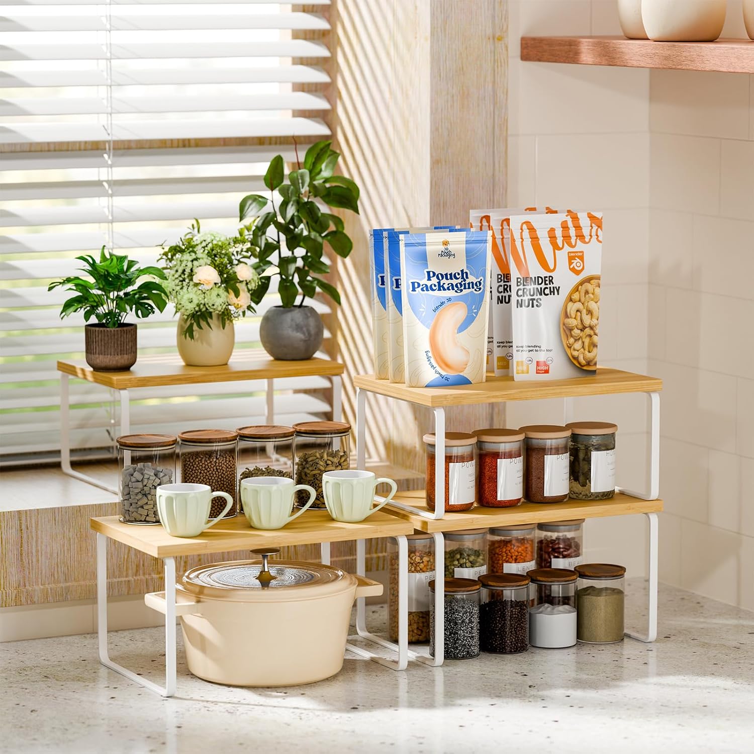 Ekisemio Kitchen Cabinet Organizer, Bamboo Spice Rack Organizer for Cabinet, Stackable & Expandable Counter Shelves, Set of 4, White and Natural - Image 2