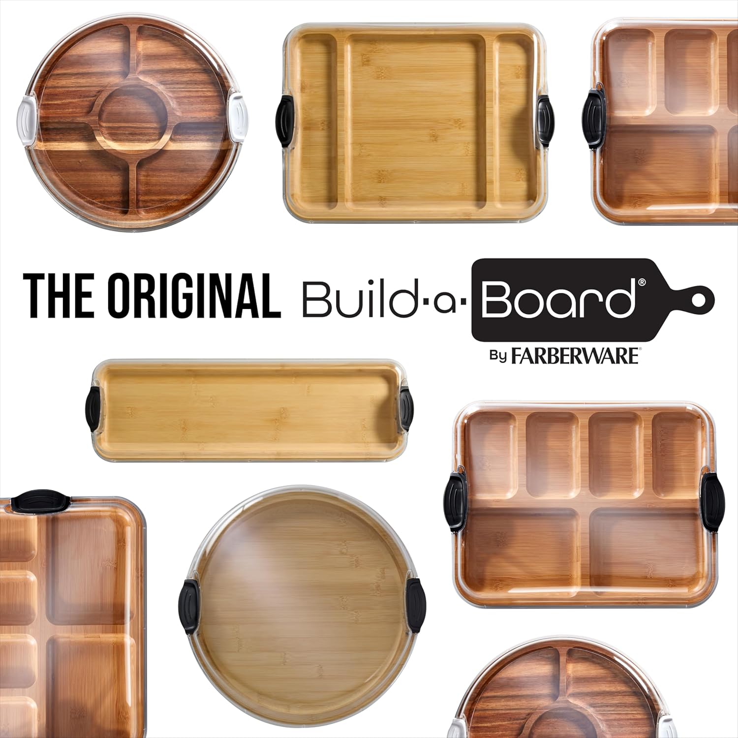 Farberware Build-A-Board Bamboo Cutting Board with Built-In Compartments & Clear Locking Lid, Black Handles, Charcuterie, Snack Tray, Food Prep and Serving Platter - Image 11