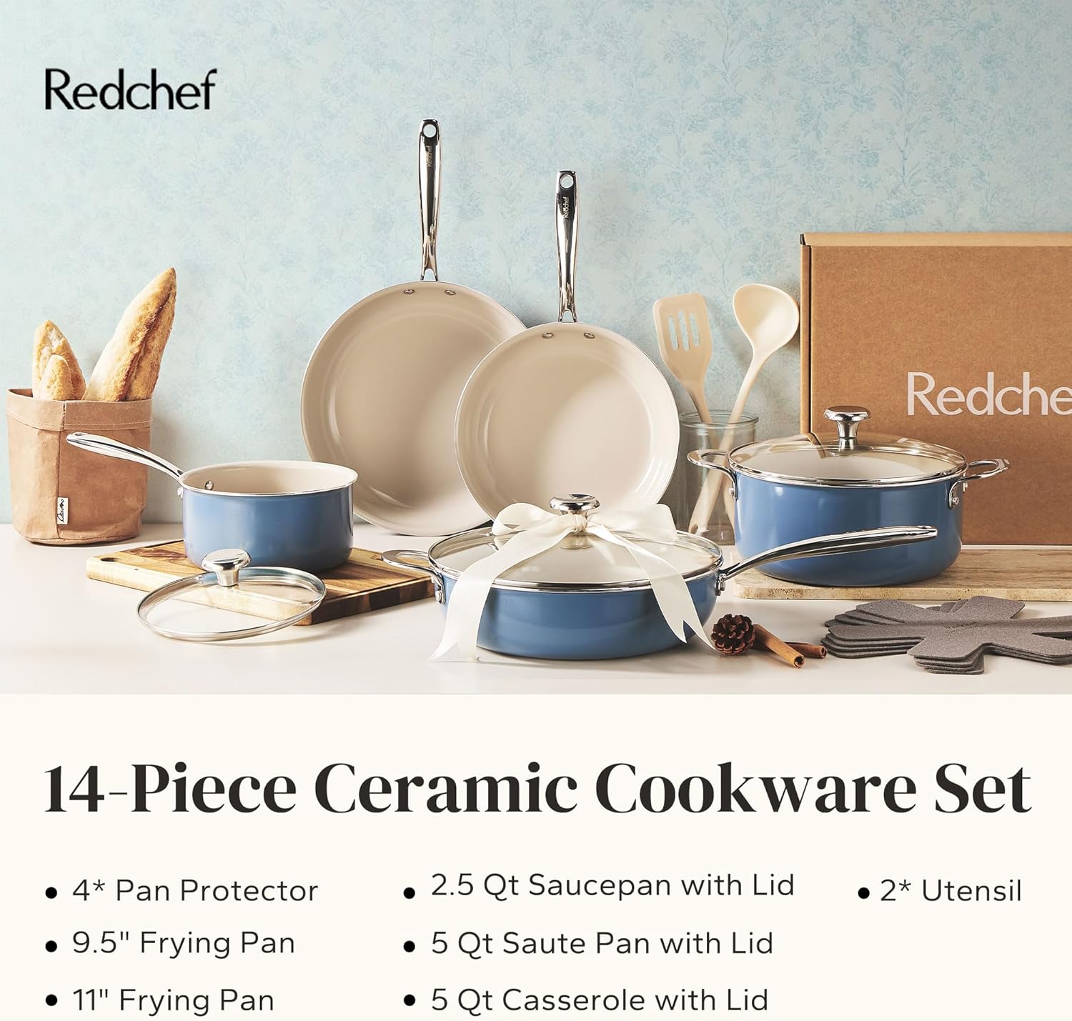 Redchef Ceramic Nonstick Cookware Set,14pcs Pots and Pans Set Non Stick,Induction Cookware with Stainless Steel Handle,Non Toxic Kitchen Cooking Set,Dishwasher & Oven Safe,PFAS PFOA & PTFE Free(Blue) - Image 8