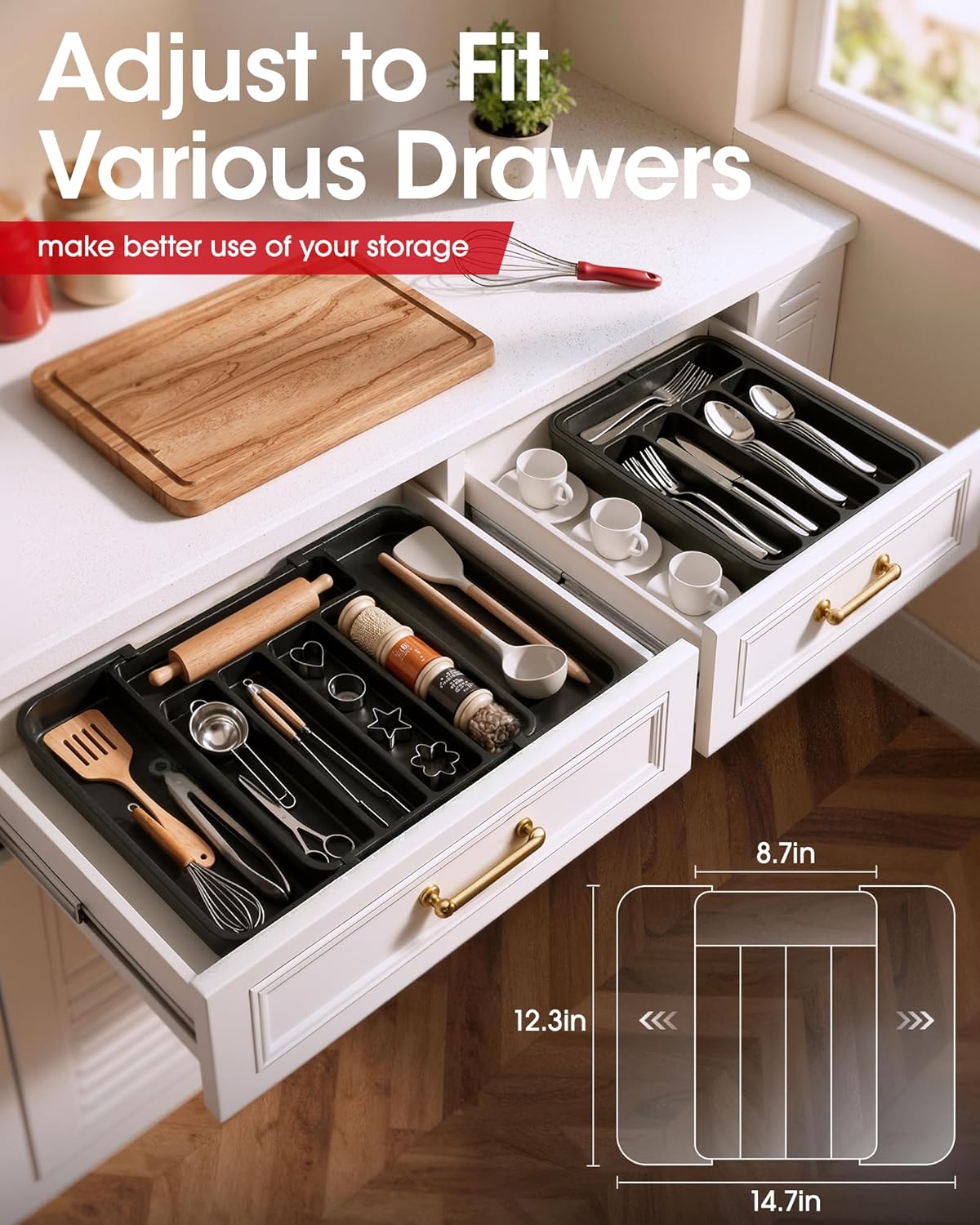 Aujen Silverware Organizer - Expandable Kitchen Drawer Organizer, Adjustable Utensil Organizer, Cutlery Tray for Forks, Knives, Multipurpose Kitchen Organizers and Storage Solution, Black, Medium - Image 4