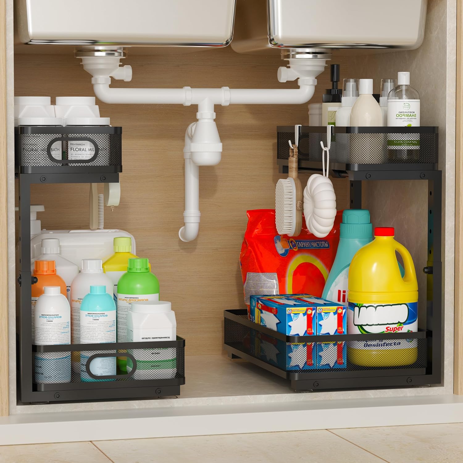 Under Sink Organizer 2 Pack, 2-Tier Slide Out Cabinet Organizer with Metal Sliding Drawer and Hooks, Pull Out Storage Baskets for Kitchen Bathroom Pantry Cabinet Organization (black)