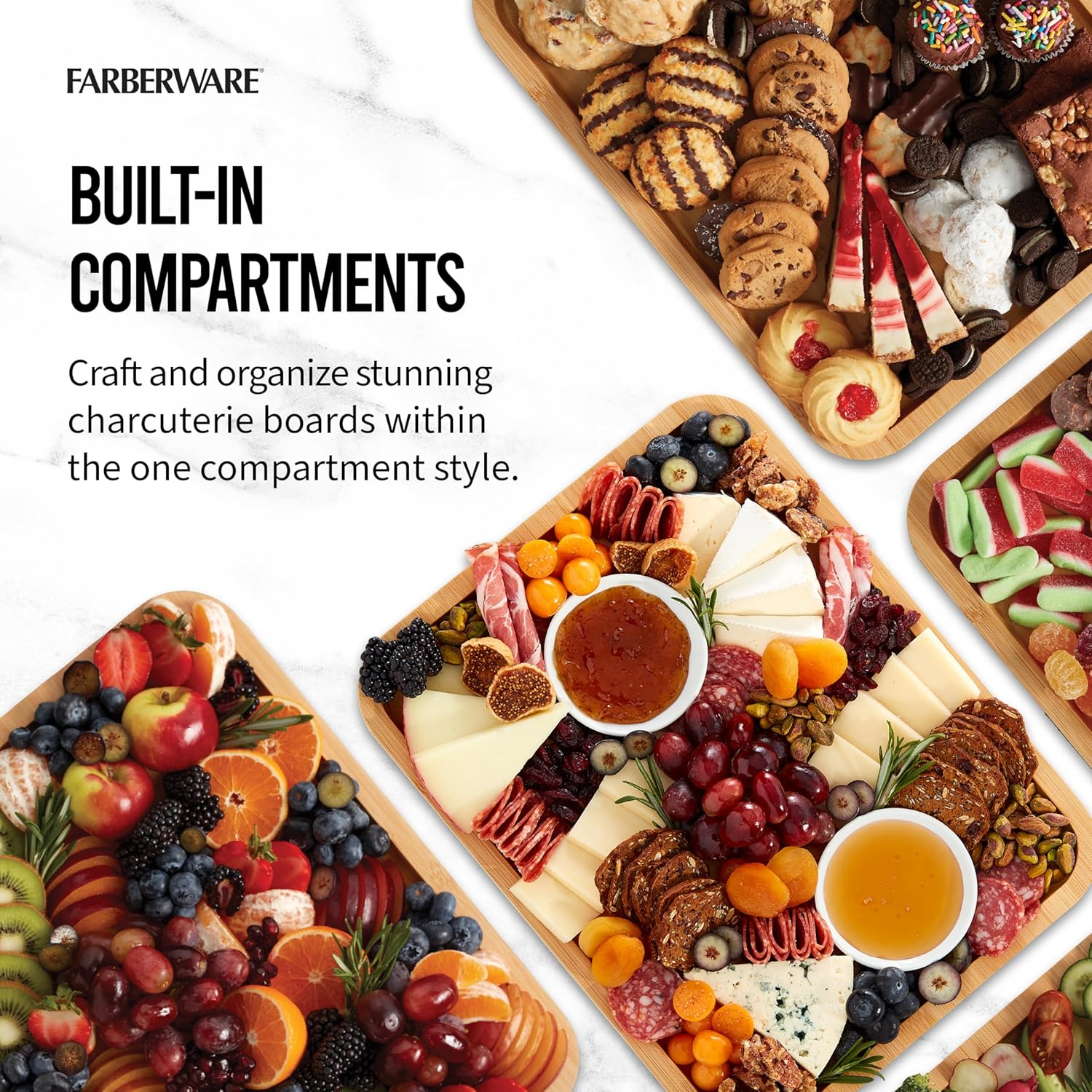 Farberware Build-A-Board Bamboo Cutting Board with Single Storage Compartment, Clear Locking Lid, Black Handles, Perfect for Charcuterie & Snacks - Image 3
