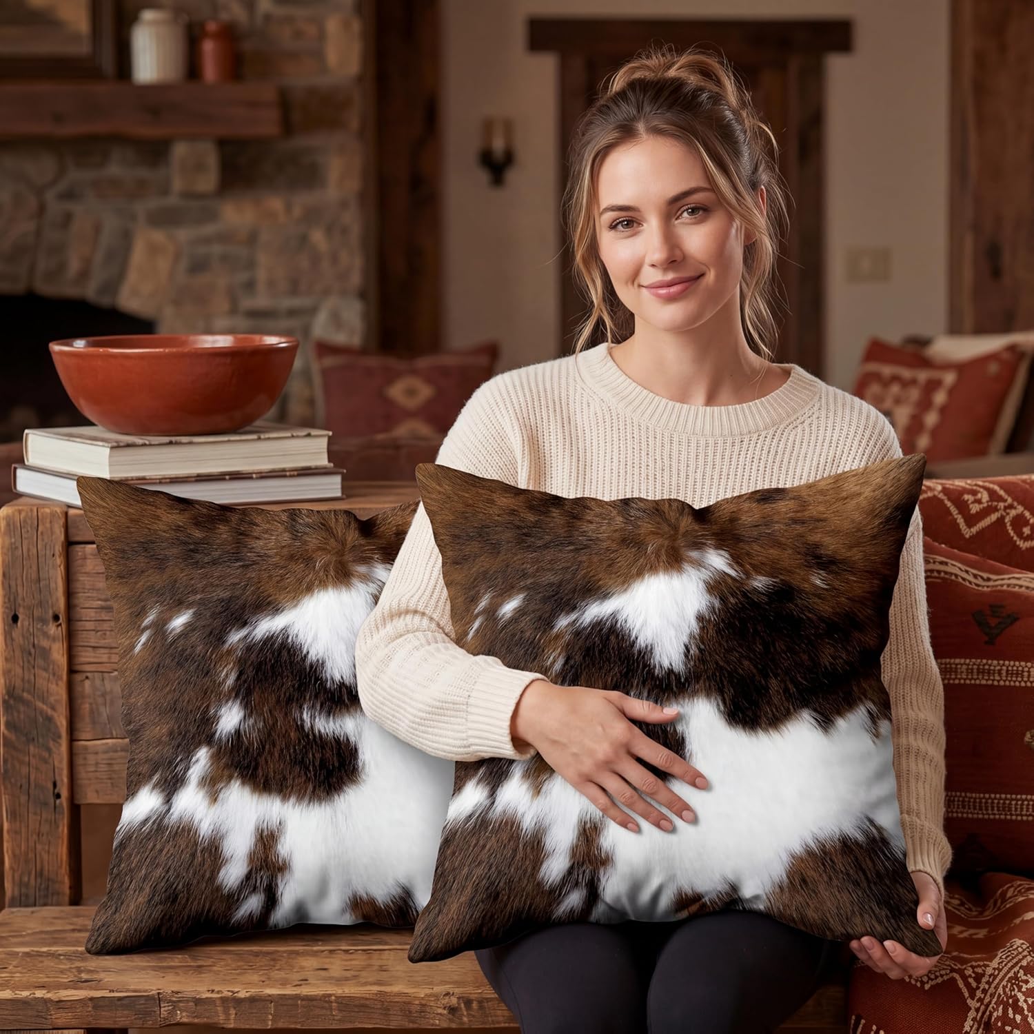 TOMWISH Pack of 2 Throw Pillow Covers Christmas Cowhide Printing Western 18x18 Pillow Cover,Decorative Throw Pillows Cushion Covers for Home Living Room Sofa Bedroom - Image 5
